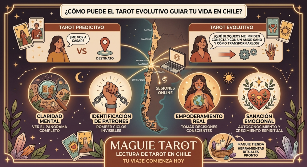 Infografía de Maguie Tarot sobre lectura de tarot en Chile que compara el tarot predictivo frente al tarot evolutivo, destacando beneficios como claridad mental, sanación emocional y empoderamiento real para sesiones online en Santiago y regiones.
