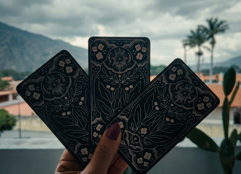 Una mano en primer plano sostiene tres cartas con intrincados diseños botánicos y astrológicos en tonos oscuros y líneas claras, dispuestas en forma de abanico. De fondo, se aprecia un paisaje difuminado de montañas bajo un cielo nublado, tejados de casas, palmeras y la silueta de un cactus a la derecha.