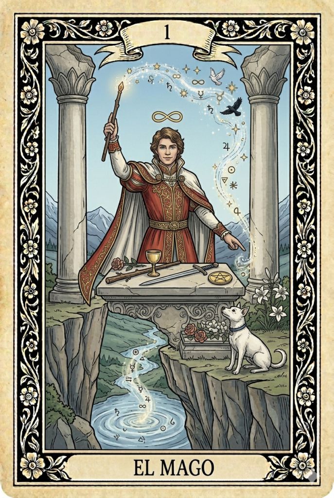 Ilustración detallada de la carta de El Mago de Maguie Tarot, mostrando a un joven alquimista entre dos columnas, rodeado de símbolos celestiales, un perro blanco y los cuatro elementos (copa, espada, oro y bastón) sobre un altar de piedra. La imagen representa el poder de manifestación y la conexión entre el cielo y la tierra en el Tarot Evolutivo.